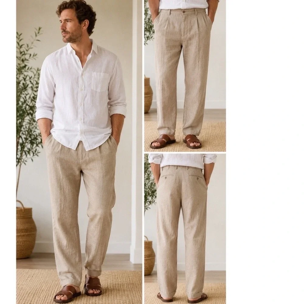 Murano Mens Tan 100% Linen Pleated Straight Leg Trousers Pants 40x34 Beige